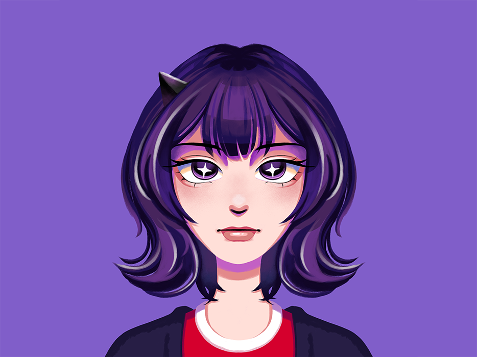 An image of character named Yyo with dark purple hair, red tee with dark outer, purple background
