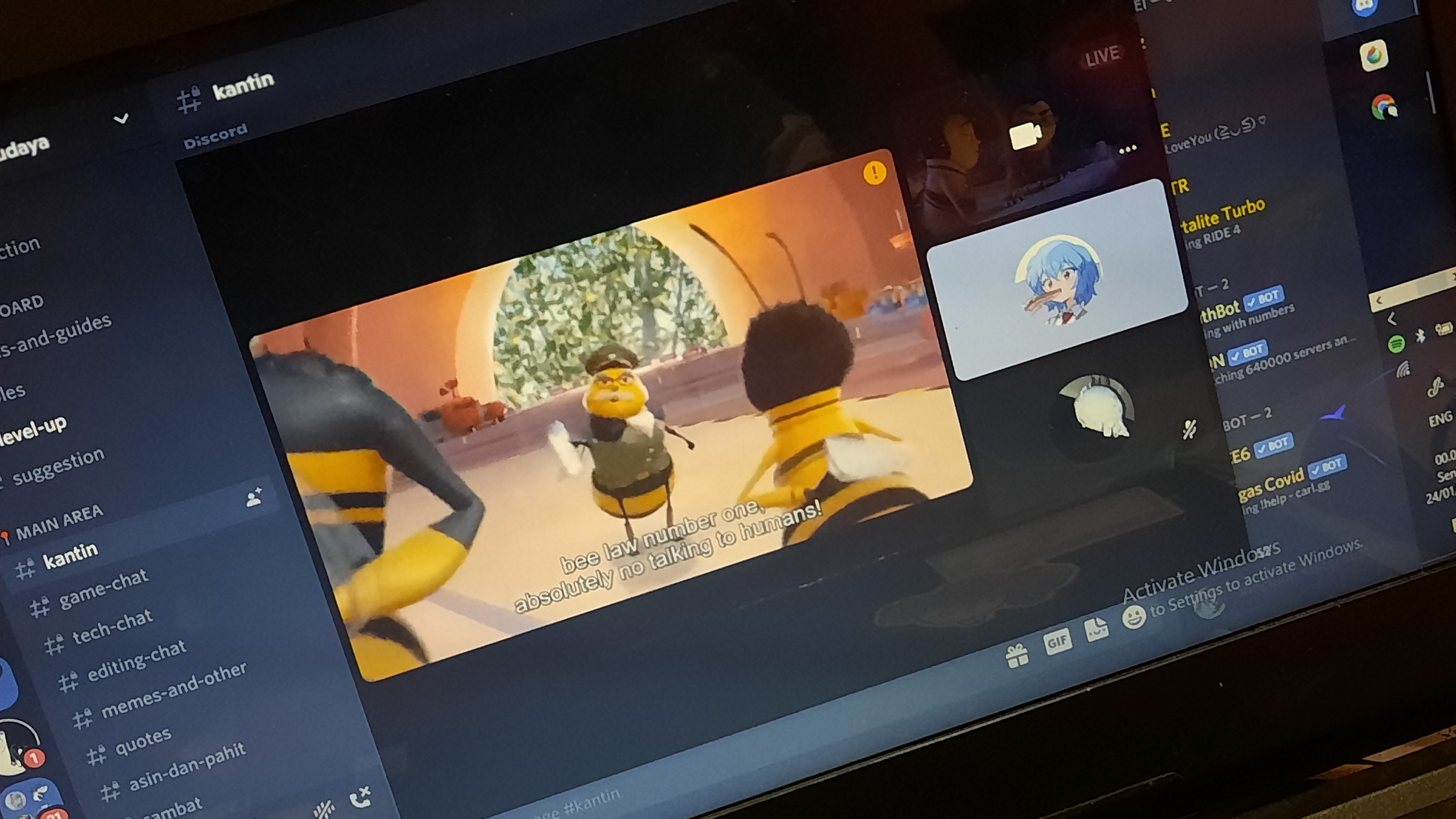 An image of discord call, watching a scene from 'Bee the movie'