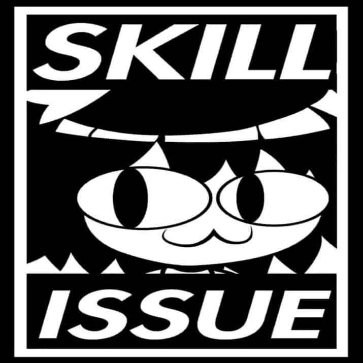 A potrait of Neco-arc, black and white, with a text overlay 'SKILL ISSUE'