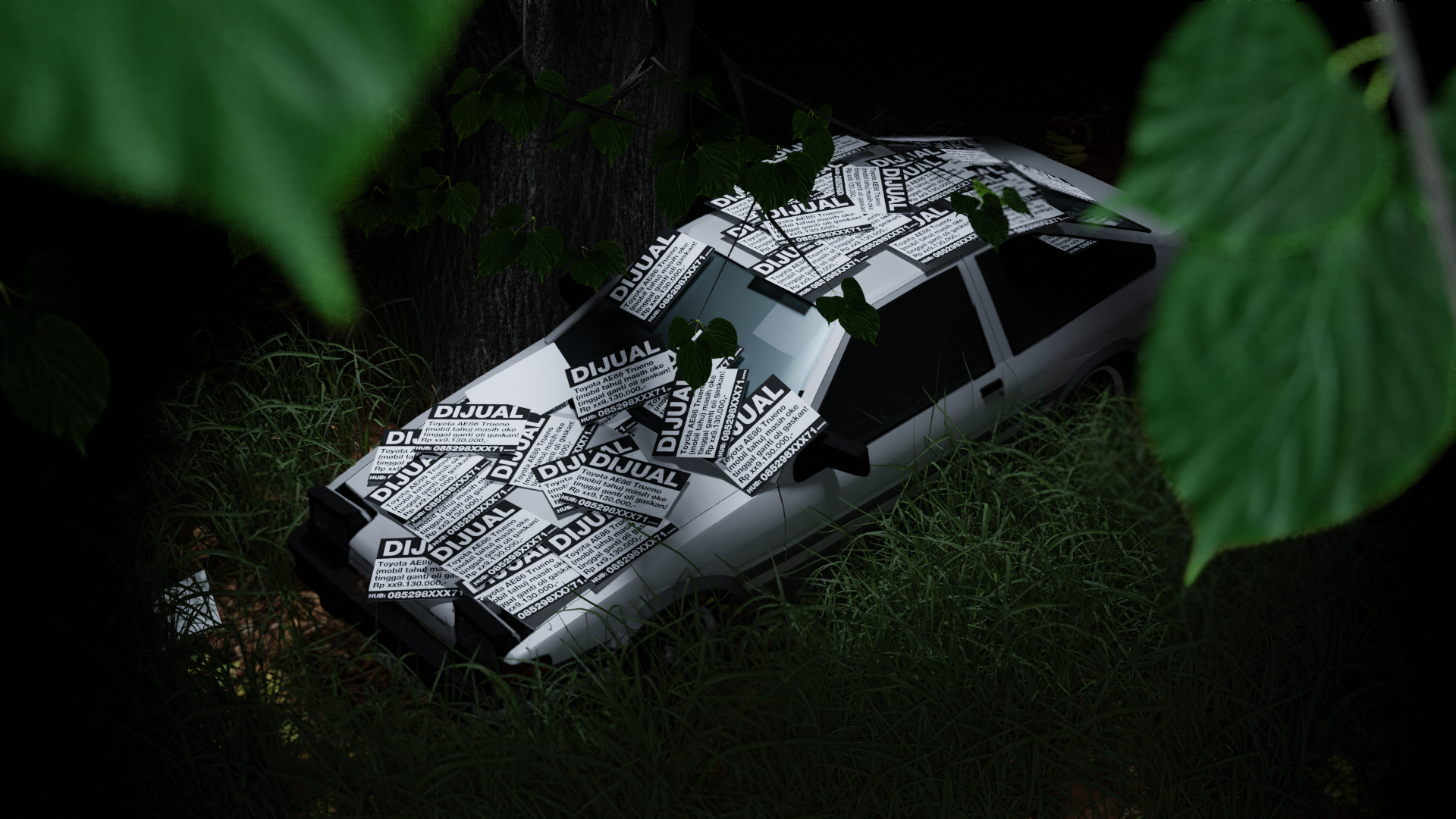 An image of Trueno AE86 car from Inital D rendered in Blender, with a background of a road and trees. Hiding in the forest, abandoned.