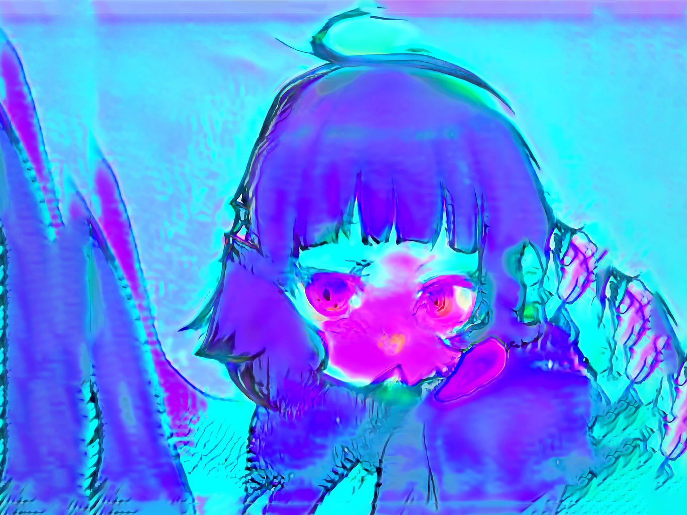 An image of a person, female, purple is all around her, short haired, face is barely formed.