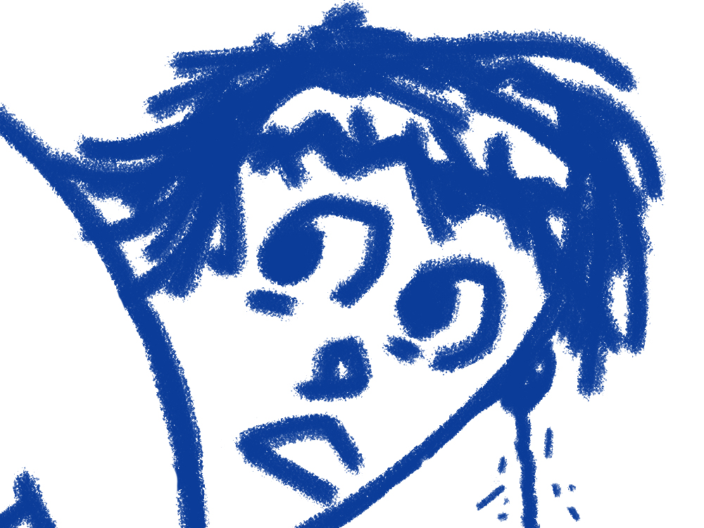 Ilustrasi penulis dengan gaya sampul m. album tiga, sketsa kasar dengan pensil warna biru