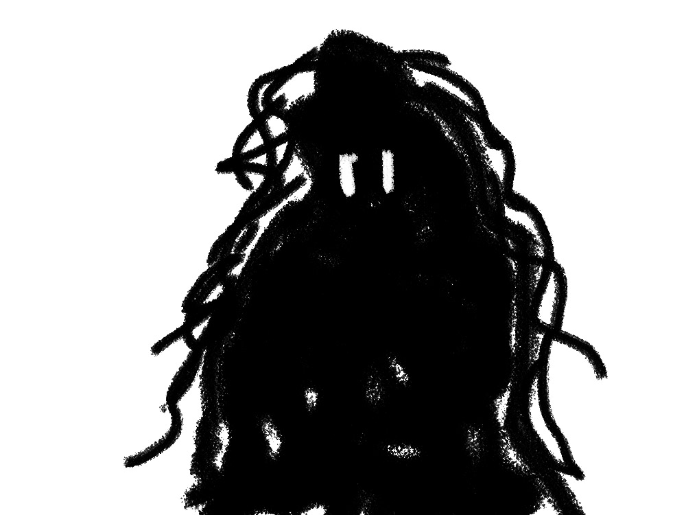 An illustration of the ghost that haunt me every night, long haired, pitch dark all over the body.