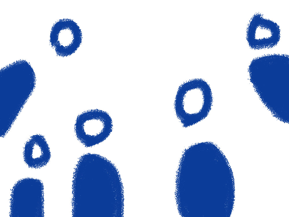 An illustration of people, looking for something. Five of them, blue colored pencil sketch.